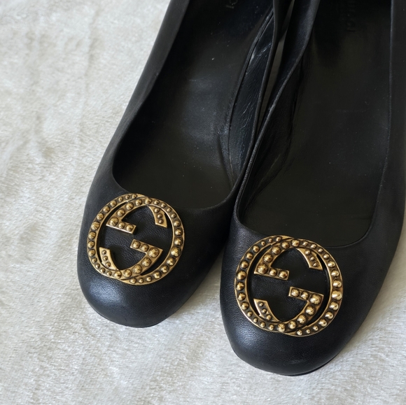 Gucci GG Gold Studded Interlocking Logo Low Block Heel Pump Sz 40.5 - Picture 5 of 13